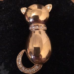 Vintage Roman rhinestone goldtone Kitty Cat Brooch